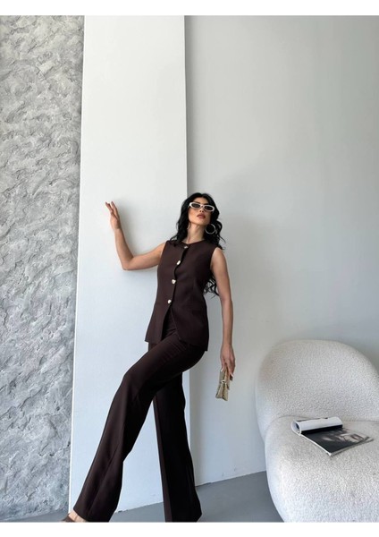 Kadın Alt Üst Takım Şık Düğme Detaylı Premium Yelek Pantolon Ikili Takım Elbise indirimleri