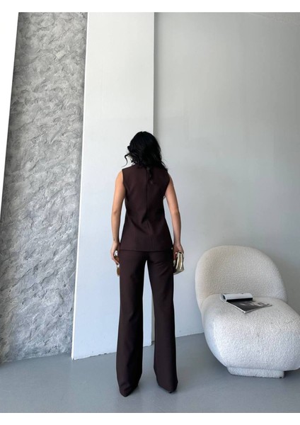 Kadın Alt Üst Takım Şık Düğme Detaylı Premium Yelek Pantolon Ikili Takım Elbise