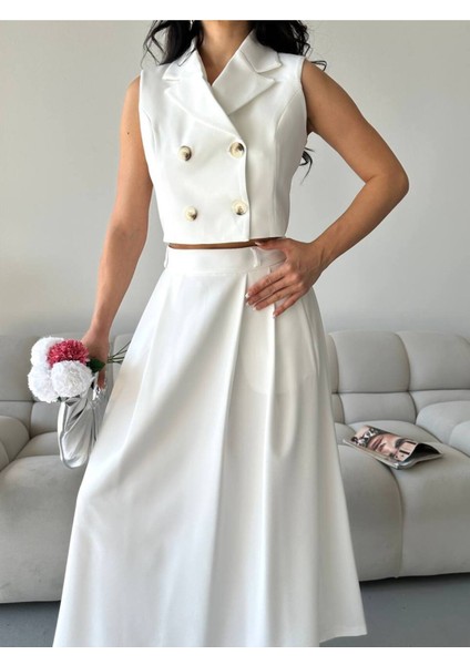Kadın Alt Üst Takım Düğme Detaylı Premium Yelek Etek Ikili Takım Elbise indirimleri