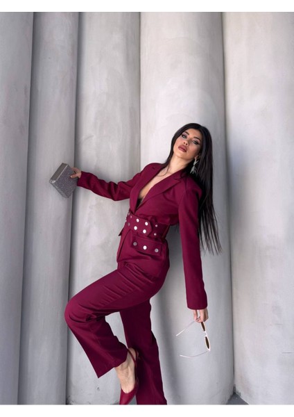 Kadın Zımba Kemer Detaylı Çıtçıtlı Cekete Palazzo Pantolon Şık Takım Elbise fırsatları