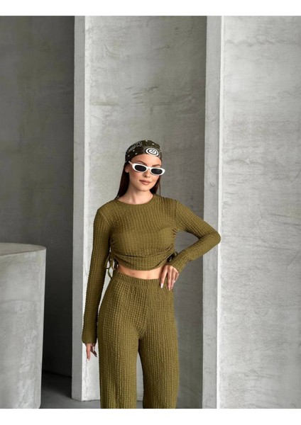 Kadın Beli Bağlama Detaylı Alt Üst Bürümcük Gofre Ikili Takım