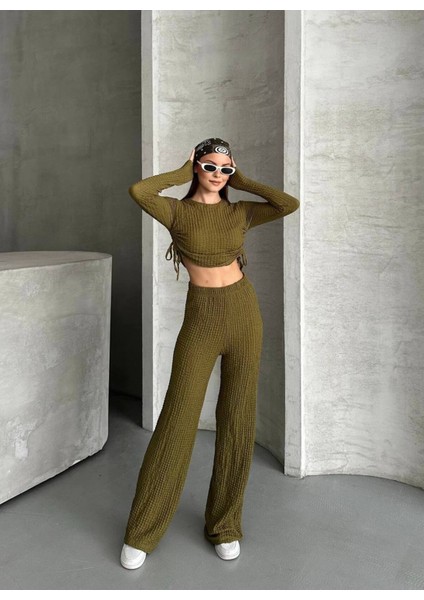 Kadın Beli Bağlama Detaylı Alt Üst Bürümcük Gofre Ikili Takım
