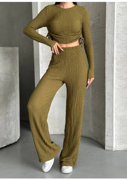 Kadın Beli Bağlama Detaylı Alt Üst Bürümcük Gofre Ikili Takım