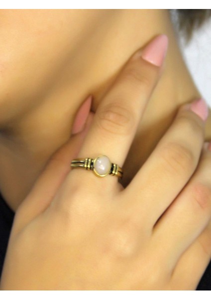 Doğal Taş Pembe Kuvars Taşlı Antik Model Kadın Ayarlanabillir Yüzük EUY81PK