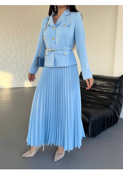 Kadın Kemerli Gold Düğmeli Premium Ceket Pileli Uzun Etek Takım Elbise fırsatları