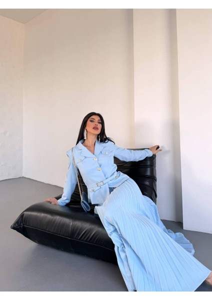 Kadın Kemerli Gold Düğmeli Premium Ceket Pileli Uzun Etek Takım Elbise