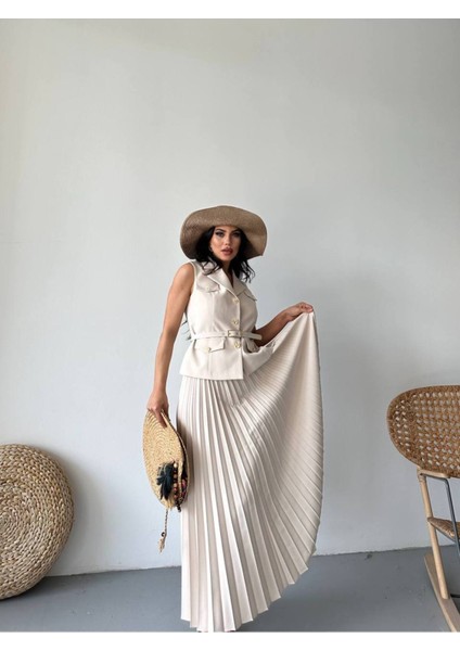 Kadın Kemerli Düğmeli Yelek Pileli Etek Takım Elbise modelleri