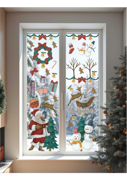Noel Baba ve Geyikler Sticker Seti, Yılbaşı Sticker Seti, Yılbaşı Pencere ve Duvar Sticker Seti