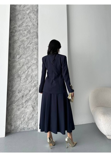 Kadın Gold Kurabiye Düğmeli Blazer Ceket Etek Takım Elbise