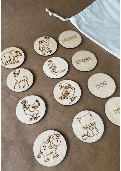 Ingilizce Hayvanları Ahşap Dil Hafıza Kartları 12 Parça Resimli fiyatları