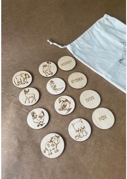 Ingilizce Hayvanları Ahşap Dil Hafıza Kartları 12 Parça Resimli modelleri