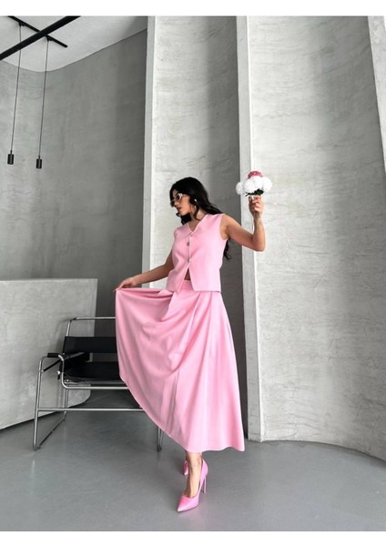 Kadın Alt Üst Takım Şık Düğme Detaylı Premium Yelek Etek Ikili Takım Elbise