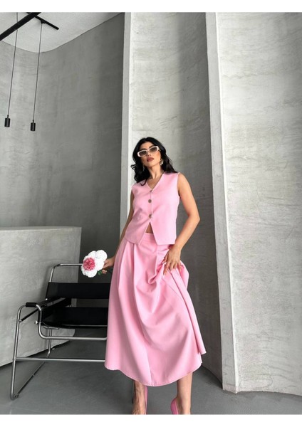 Kadın Alt Üst Takım Şık Düğme Detaylı Premium Yelek Etek Ikili Takım Elbise fırsatları