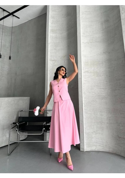 Kadın Alt Üst Takım Şık Düğme Detaylı Premium Yelek Etek Ikili Takım Elbise indirimleri