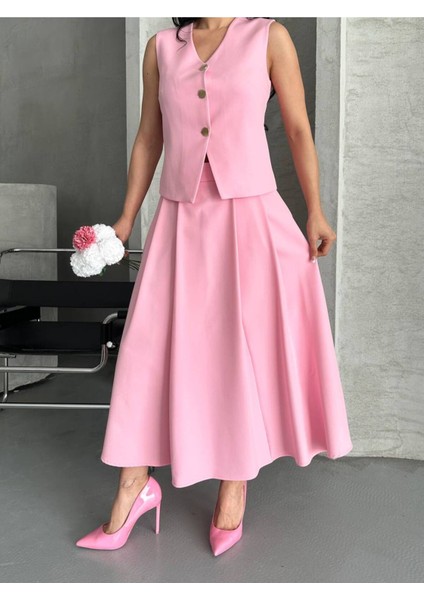 Kadın Alt Üst Takım Şık Düğme Detaylı Premium Yelek Etek Ikili Takım Elbise