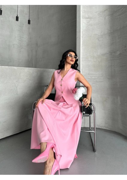 Kadın Alt Üst Takım Şık Düğme Detaylı Premium Yelek Etek Ikili Takım Elbise