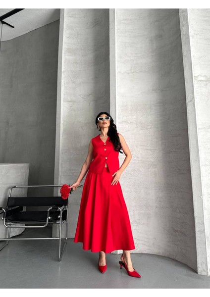 Kadın Alt Üst Takım Şık Düğme Detaylı Premium Yelek Etek Ikili Takım Elbise