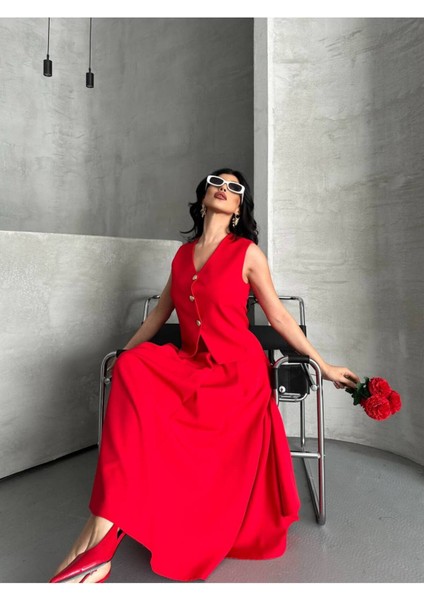 Kadın Alt Üst Takım Şık Düğme Detaylı Premium Yelek Etek Ikili Takım Elbise modelleri