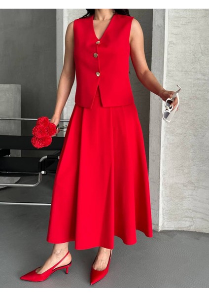Kadın Alt Üst Takım Şık Düğme Detaylı Premium Yelek Etek Ikili Takım Elbise fırsatları