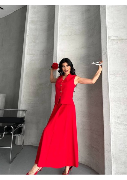 Kadın Alt Üst Takım Şık Düğme Detaylı Premium Yelek Etek Ikili Takım Elbise