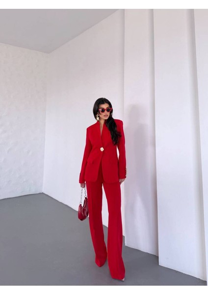 Kadın Gold Kurabiye Düğmeli Blazer Ceket Palazzo Pantolon Takım Elbise