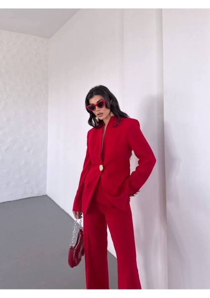 Kadın Gold Kurabiye Düğmeli Blazer Ceket Palazzo Pantolon Takım Elbise