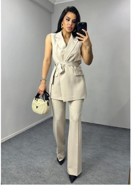 Kadın Kuşaklı Yelek Pantolon Takım Elbise fiyatları