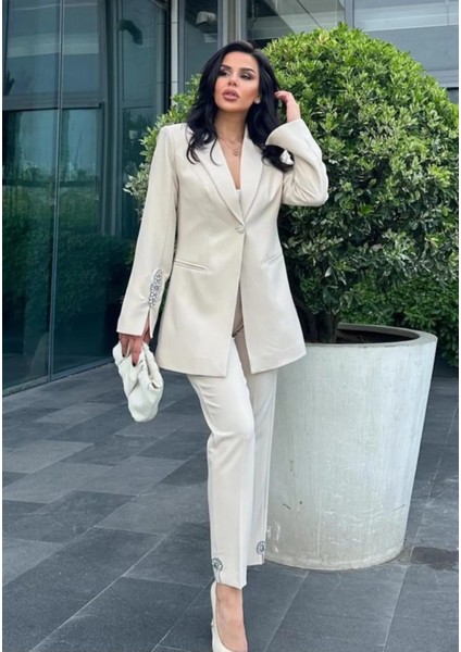 Kadın Taş Detaylı Ceket Pantolon Takım Elbise