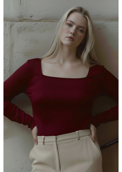 Kadın Büyük Beden Bordo Kare Yaka Bluz