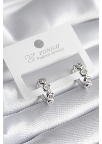 Bfs Pirinç Gümüş Renk Zirkon Taşlı Kadın Küpe