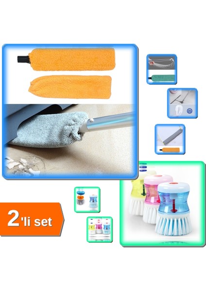 Deterjan Hazneli Bulaşık Fırçası + Saplı Mikrofiber Başlıklı Yüzey Temizleme Mopu - 2li Set D4E5F6