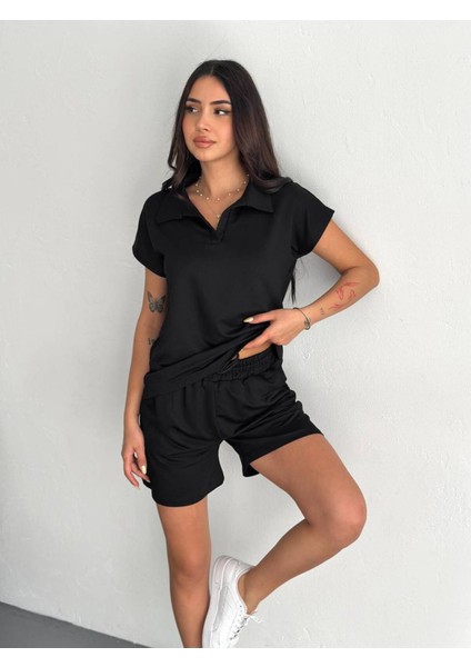 Kadın Modal Kumaş Polo Yaka T-Shirt Şortlu Takım modelleri