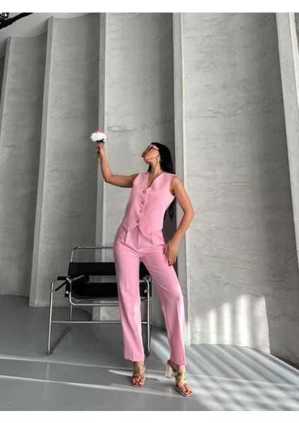 Kadın Alt Üst Takım Şık Taş Düğme Detaylı Premium Yelek Pantolon Ikili Takım Elbise fırsatları
