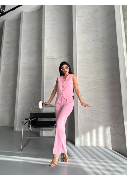 Kadın Alt Üst Takım Şık Taş Düğme Detaylı Premium Yelek Pantolon Ikili Takım Elbise