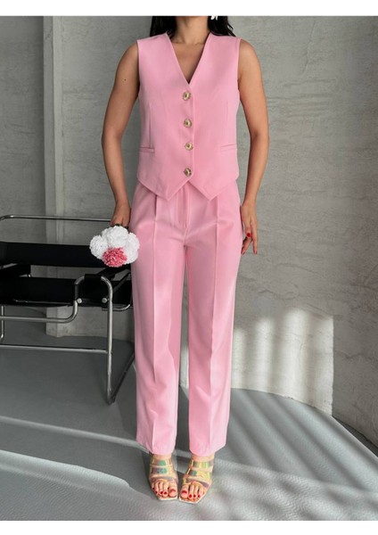 Kadın Alt Üst Takım Şık Taş Düğme Detaylı Premium Yelek Pantolon Ikili Takım Elbise