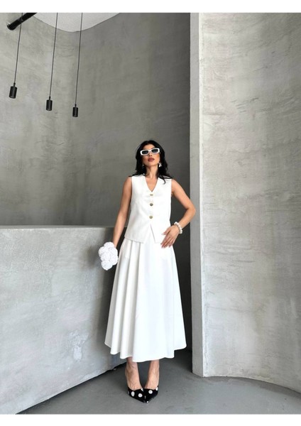 Kadın Alt Üst Takım Şık Düğme Detaylı Premium Yelek Etek Ikili Takım Elbise