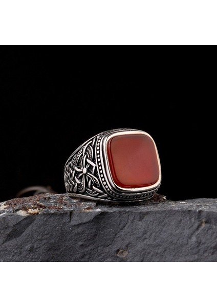 Otantik Desen Motifli Akik Taşlı 925 Ayar Gümüş Erkek Yüzük
