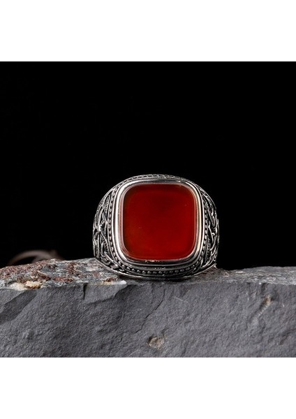 Otantik Desen Motifli Akik Taşlı 925 Ayar Gümüş Erkek Yüzük modelleri