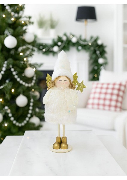 Yılbaşı Dekoru Altın Kanatlı Melek Dekoratif Biblo Süsü Beyaz 20 cm