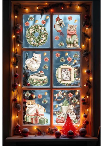 Yılbaşı Kedileri Sticker Seti, Yılbaşı Pencere ve Duvar Sticker Seti, Sevimli Kediler Dekorasyon Sticker Seti fiyatları