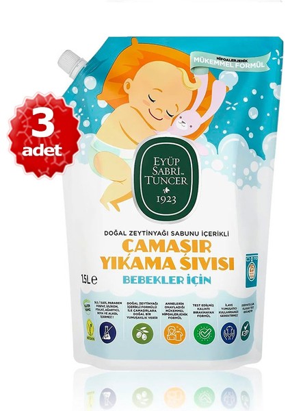 x3 Şişe Doğal Zeytinyağı Içerikli Bebek Çamaşır Yıkama Sıvısı 1,5 lt