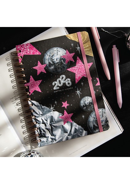 2026 A5 Spiralli Renkli Haftalık Ajanda 12 Aylık – Motivasyon Sayfalı Siyah