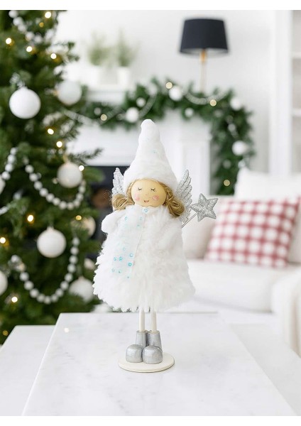Yılbaşı Dekoru Gümüş Kanatlı Melek Dekoratif Biblo Süsü Beyaz 20 cm