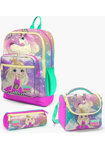 Kids Pembe Su Yeşili Unicornlu Kız Desenli 3’lü Okul Çanta Seti Ilköğretim Çanta Seti