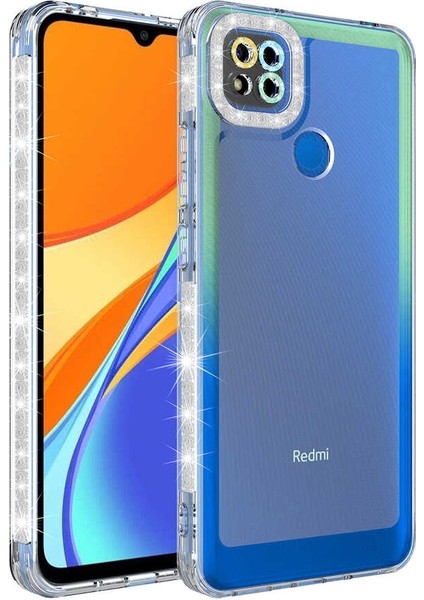 Xiaomi Redmi 9c Kılıf Simli ve Renk Geçiş Tasarımlı Lens Korumalı Nxxa Park Kapak-Yeşil-Mavi
