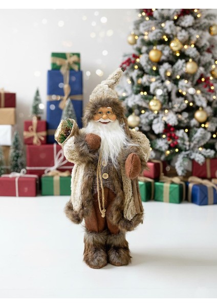 Yılbaşı Dekoru Kahverengi Kürklü Noel Baba Figürlü Süsleme Aksesuarı 45 Cm