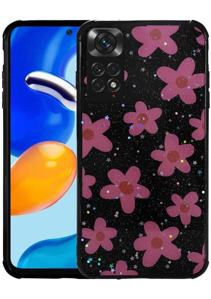 Xiaomi Redmi Note 11 Global Kılıf Simli Desenli Kamera Korumalı Parlak Nxxa Popy Kapak-Çiçek
