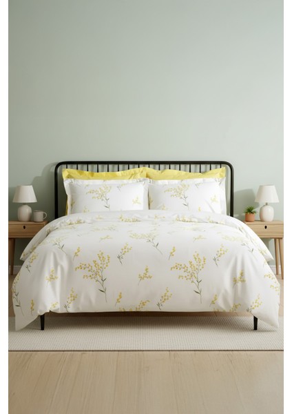 Daisy Sarı Ranforce %100 Pamuk Çift Kişilik Nevresim Takımı Lastikli Çarşaflı