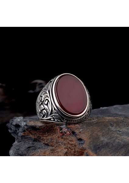 Akik Taşlı Kalem Işleme Motifli 925 Ayar Gümüş Erkek Yüzük