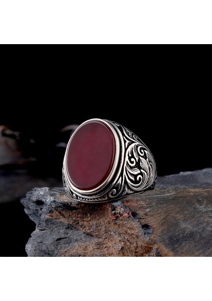 Akik Taşlı Kalem Işleme Motifli 925 Ayar Gümüş Erkek Yüzük fiyatları